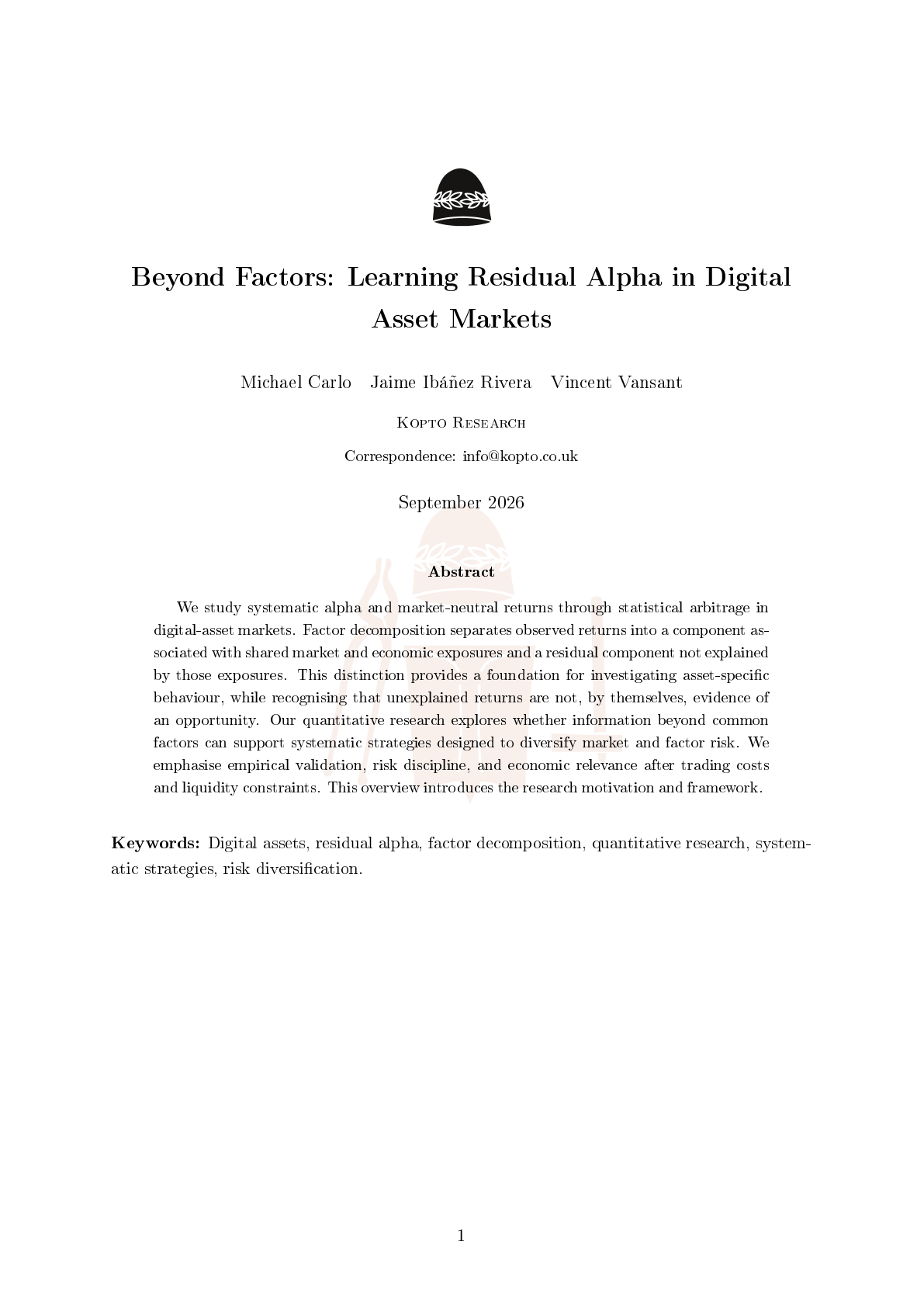 First page of Beyond Factors, with the Kopto helmet, authors, and abstract